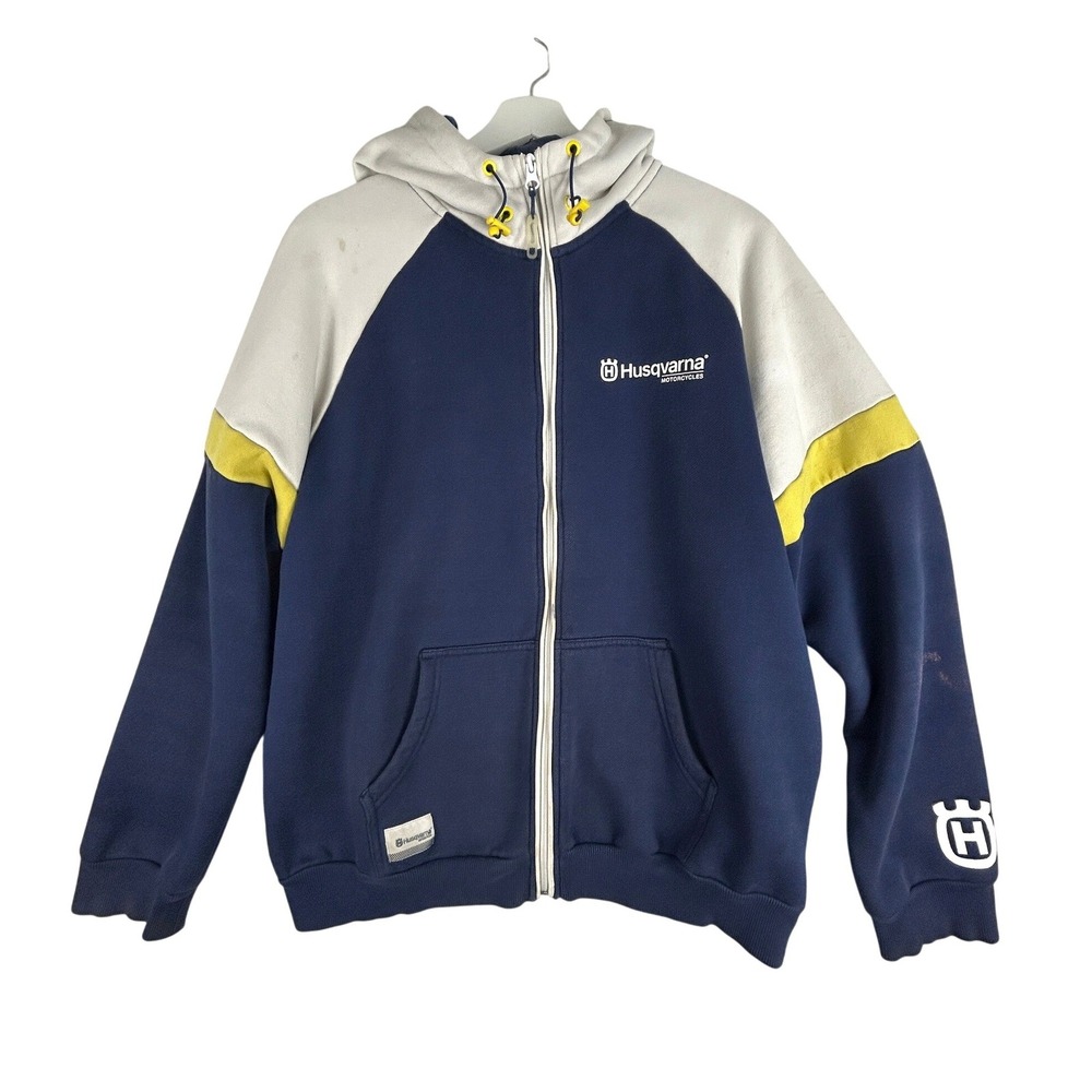 Husqvarna Motorcycles Hoodie Jacket Mens Large Blue Full Zip Hooded Logo Stained